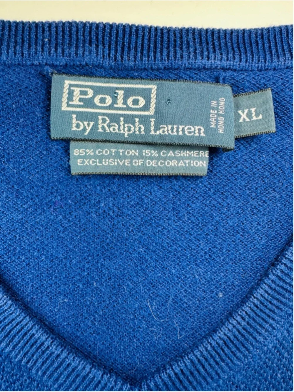 Vintage Polo Ralph Lauren Blue Cotton Cashmere V-Neck Sweater XL Red Pony